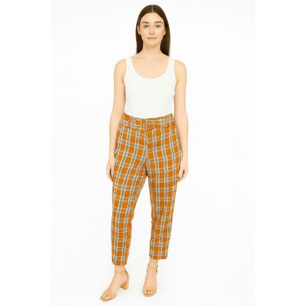 UNIQUE VINTAGE High Rise Orange Plaid Belted Capri Pants XS